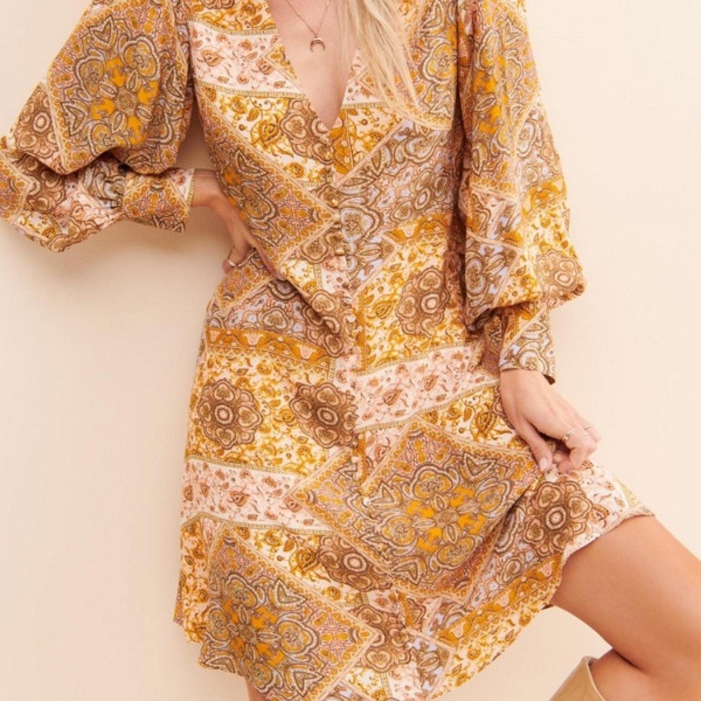 Anthropologie Paisley Long Sleeve Mini Dress - Yellow and Brown